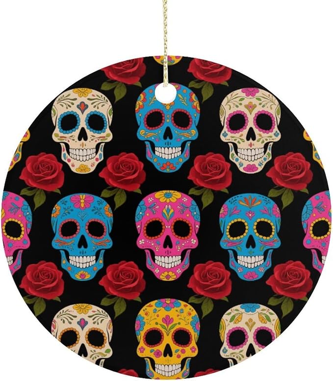 Round Christmas Ornament Ceramic Hanging Sugar Skulls - skull wreath