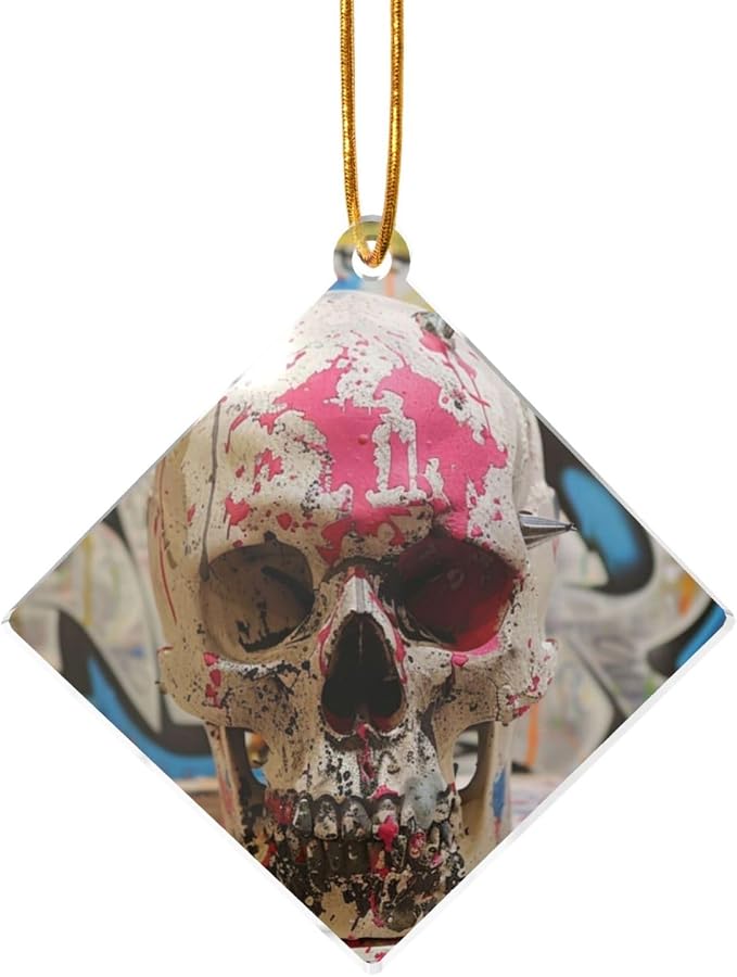 Christmas Tree Wooden Hanging,White Punk Skull,Christmas Tree Decoration for Party Decoration and Xmas Day-Square