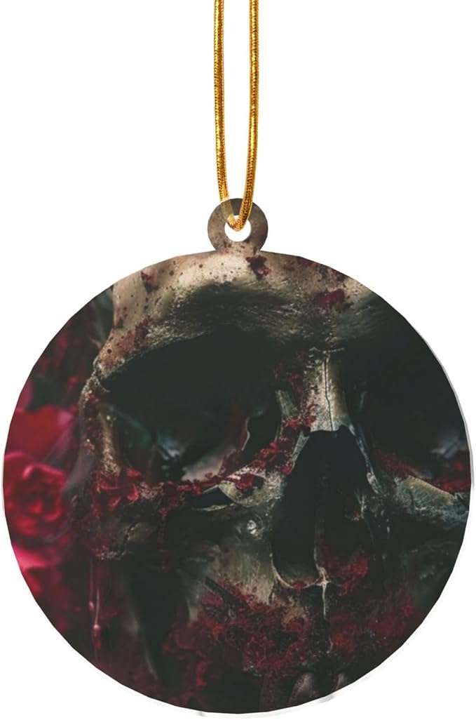 Christmas Tree Wooden Hanging,Skull Rose,Christmas Tree Decoration for Party Decoration and Xmas Day-Round Shape