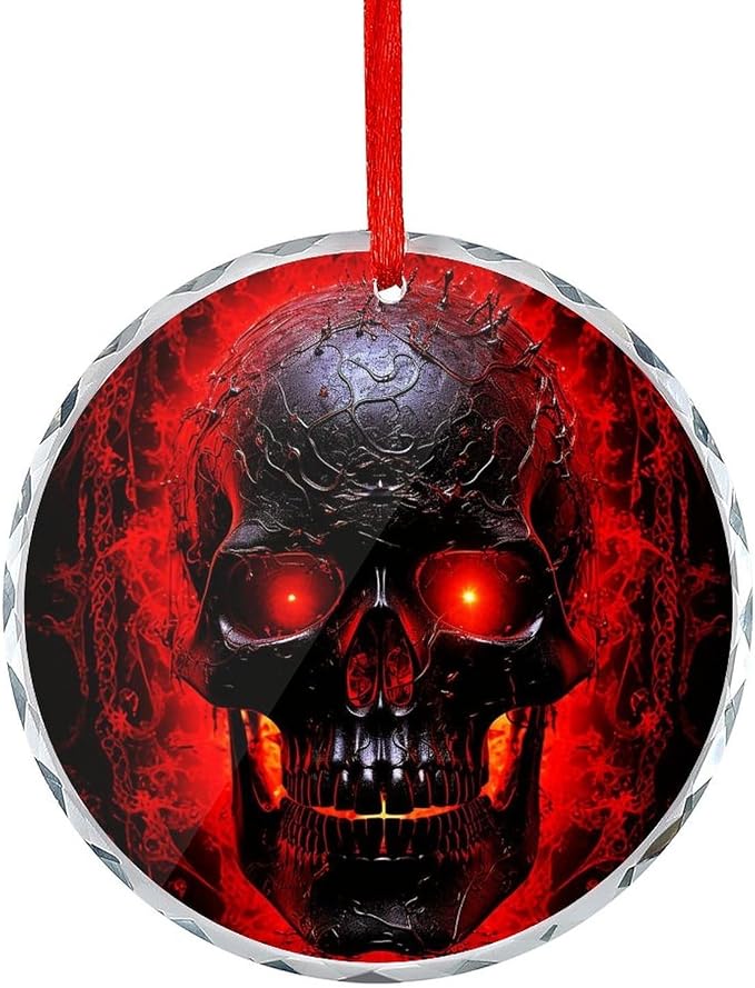Round Crystal Christmas Tree Hanging Ornament Black And Red Skull