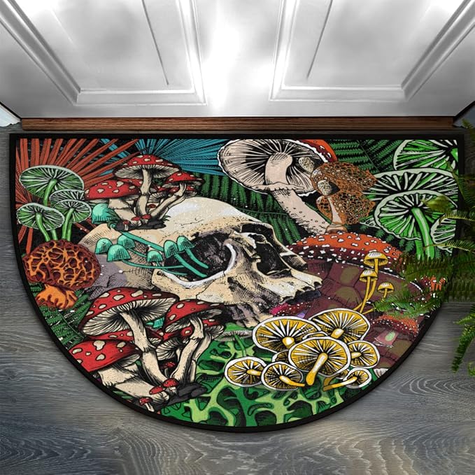 Rainbow Mushroom Sugar Skull Half Round Door Mat, Non-Slip Welcome Floor Rug for Front Door, Indoor Outside Entry Entryway Decor Mat for Porch Kitchen, 16x24 Inch - skull floor mat